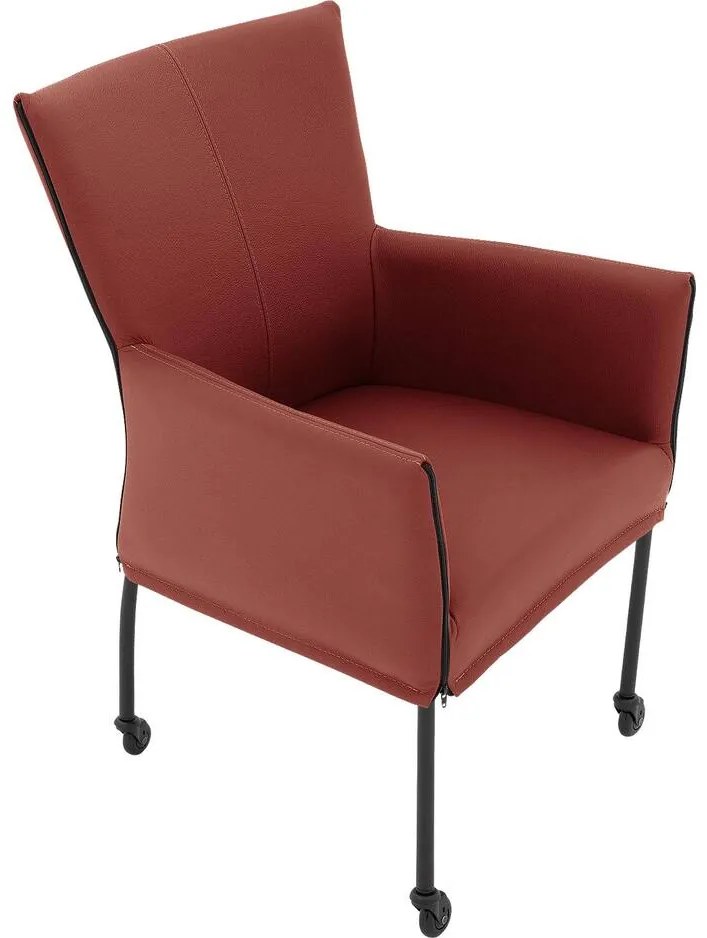 Goossens Eetkamerstoel Funk Zwarte Poten rood leer met armleuning en Zwart skater wiel met zwarte kapmet wielen, modern design