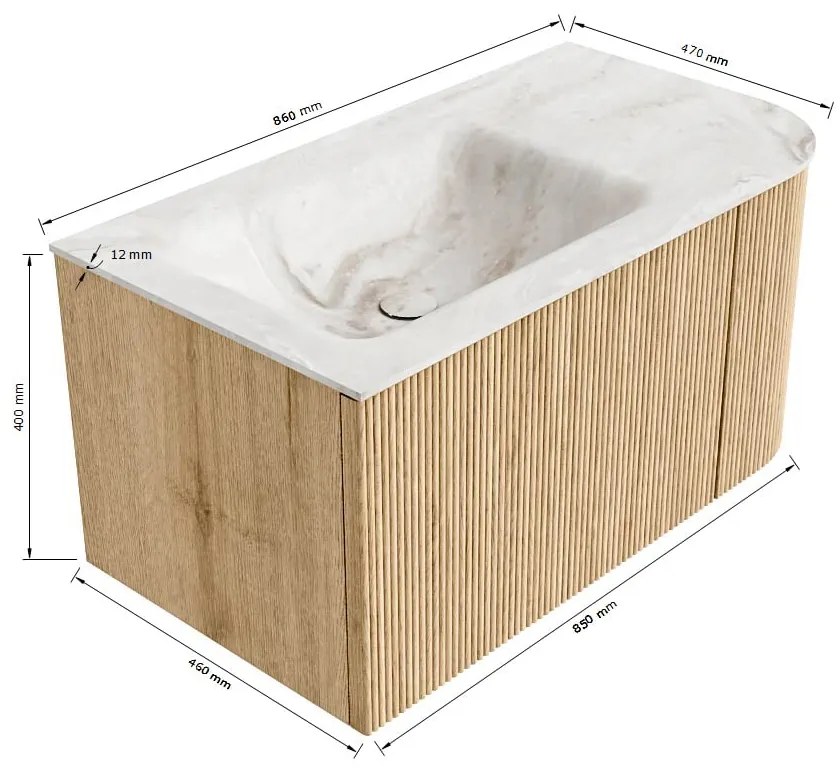 Mondiaz Kurve-dlux 85cm badmeubel ronding rechts shadow met 1 lade en deur en wastafel cloud links zonder kraangat glace