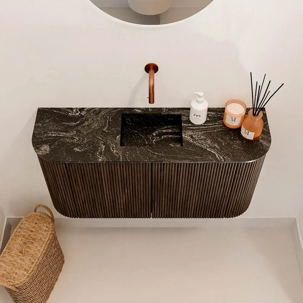 Mondiaz Joya DLux 85cm toiletmeubel ronding links/rechts walnut met wastafel faye midden zonder kraangat lava