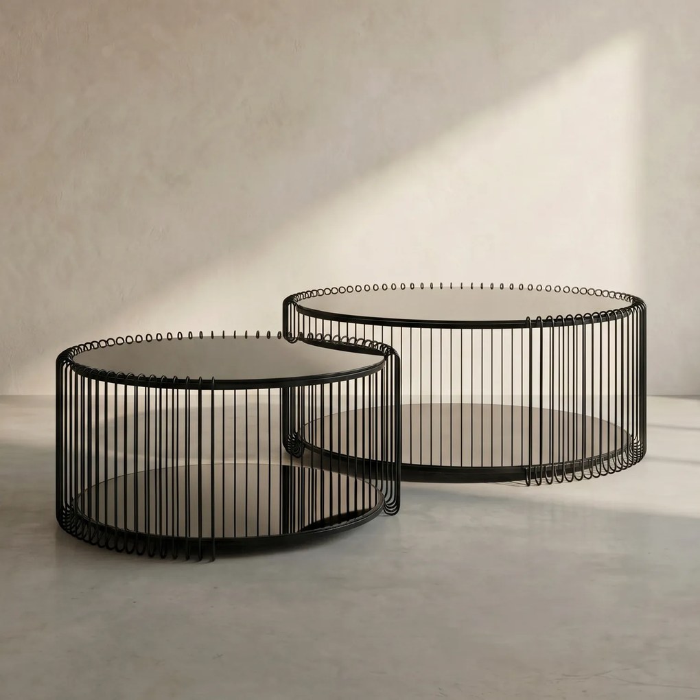 Ronde Salontafel Set Met Glasplaat Zwart - 69.5 X 69.5cm.