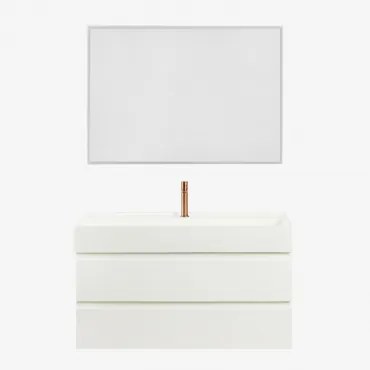 Badkamermeubelset Van Hout En Essenhoutfineer Met Geïntegreerde Wastafel Ona Wit & Rechthoekige Led En Anticondens 100x70 Cm Tamsin - Sklum