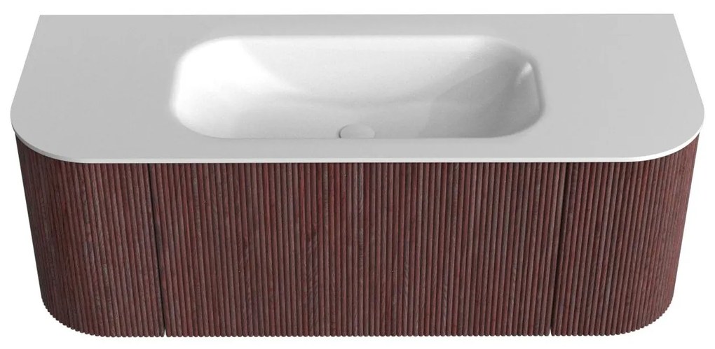 Mondiaz Kurve 120cm badmeubel ronding links/rechts ruby met 1 lade en 2 deuren en wastafel big small midden zonder kraangat