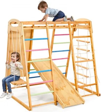 VEVOR Indoor Speeltuin Klimrek (7-in-1) gemaakt van hout, draagvermogen 113 kg. Montessori klimspeelset met schommel/klimrek/glijbaan/houten ladder/touwladder/klimnet/rots.