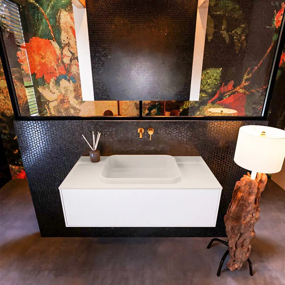 Mondiaz Erin 100cm badmeubel Talc met 1 lade en beige wastafel midden zonder kraangaten