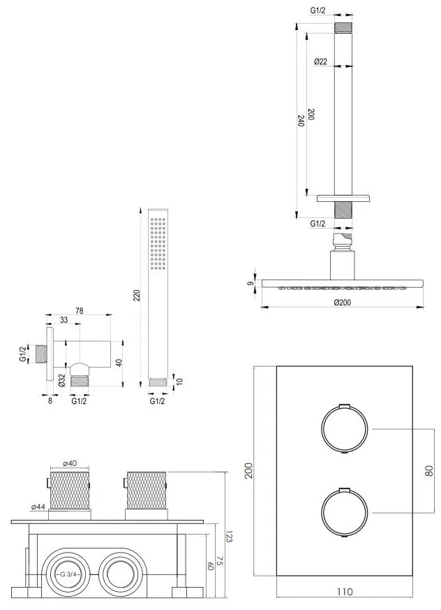 Brauer Black Carving complete inbouw regendouche set 29 met 20cm douchekop, plafondarm en staafhanddouche mat zwart