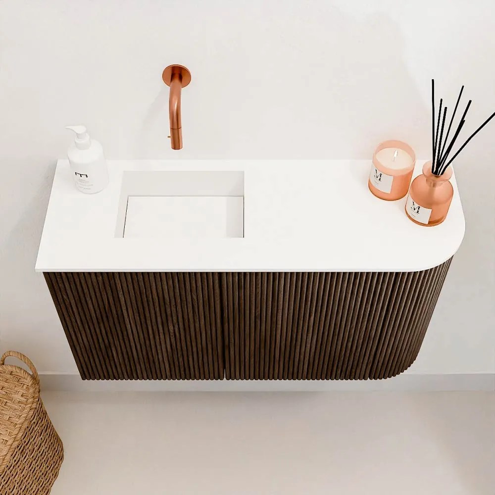 Mondiaz Joya 70cm toiletmeubel ronding rechts walnut met wastafel faye links zonder kraangat talc
