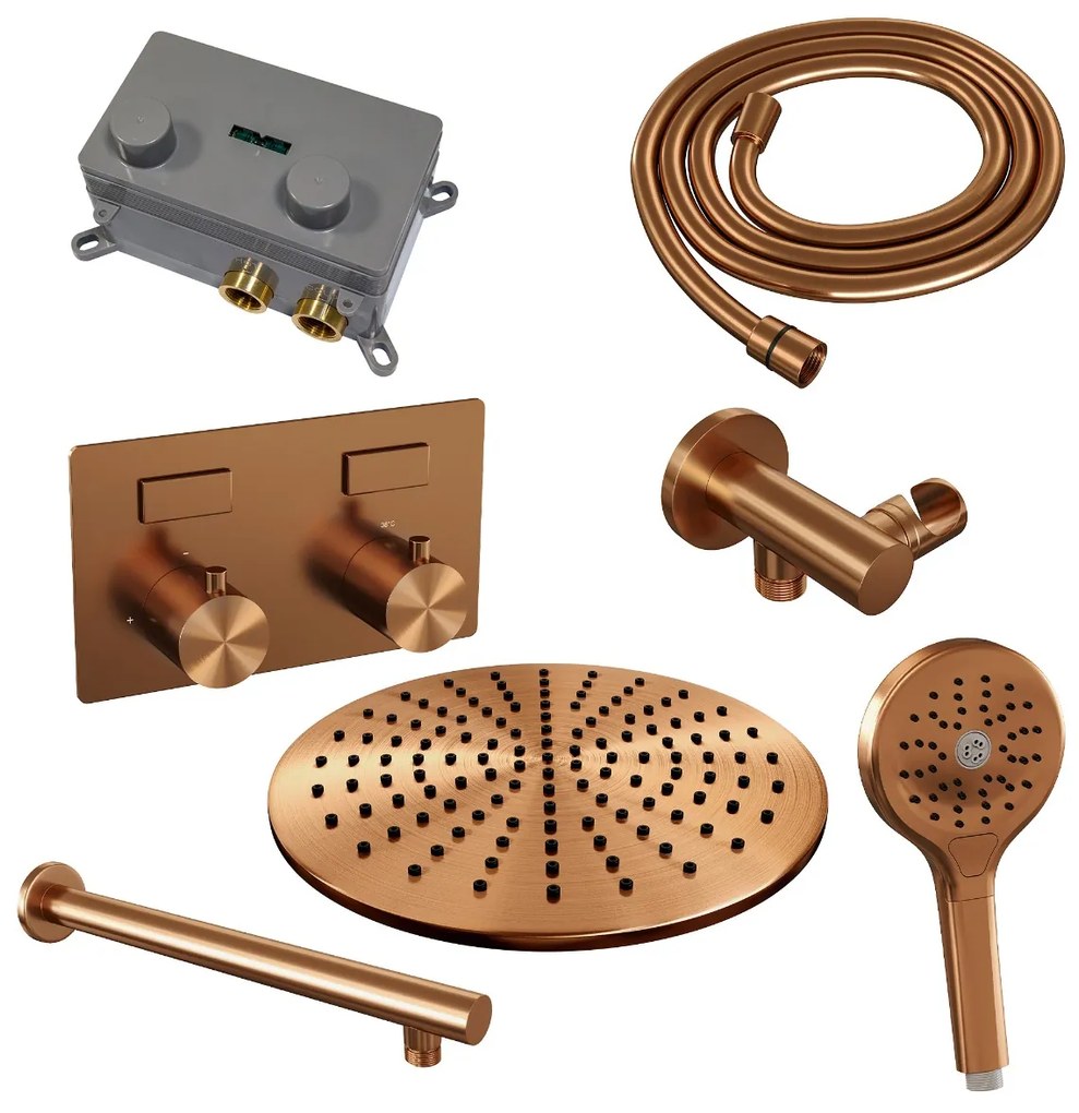 Brauer Copper Edition thermostatische inbouw regendouche met 3 standen handdouche, rechte muurarm en hoofddouche 30cm set 56 koper geborsteld PVD