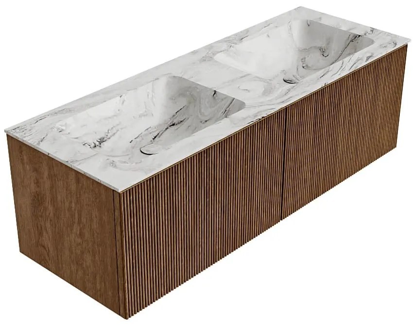 Mondiaz Kurve-dlux 130cm badmeubel walnut met 2 lades en wastafel leaf dubbel 2 kraangaten glace