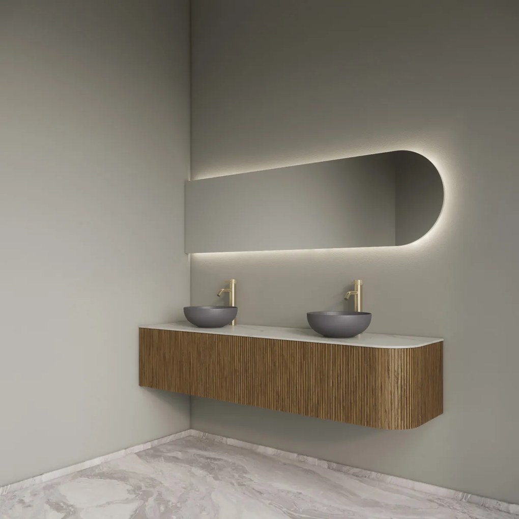 Gliss Design Alluro badmeubel ribbelfront met ronding rechts 180cm castle brown en wit marmer toppaneel