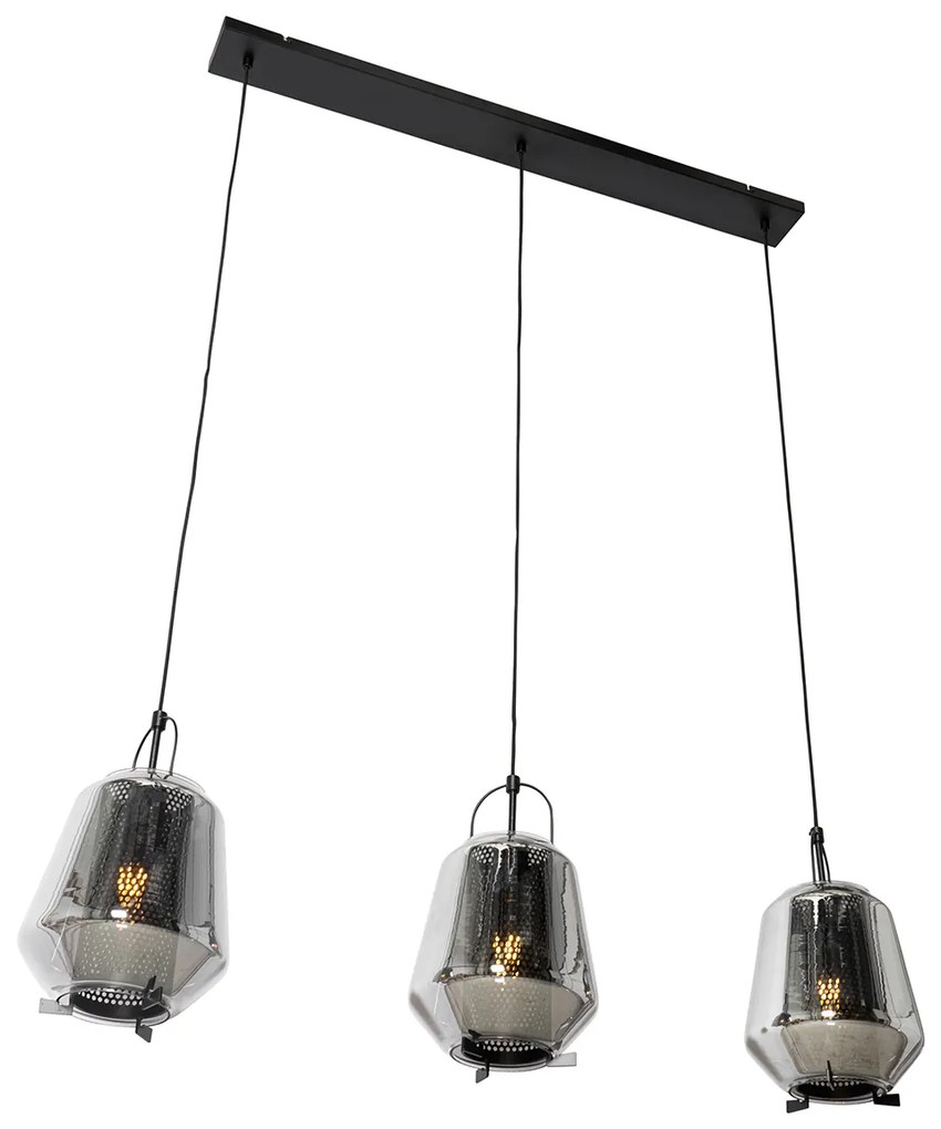 Hanglamp zwart met smoke glas 23 cm langwerpig 3-lichts - Kevin