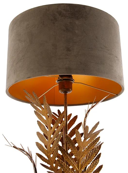 Vintage tafellamp goud 33 cm met velours kap taupe 35 cm - Botanica Landelijk E27 Binnenverlichting Lamp