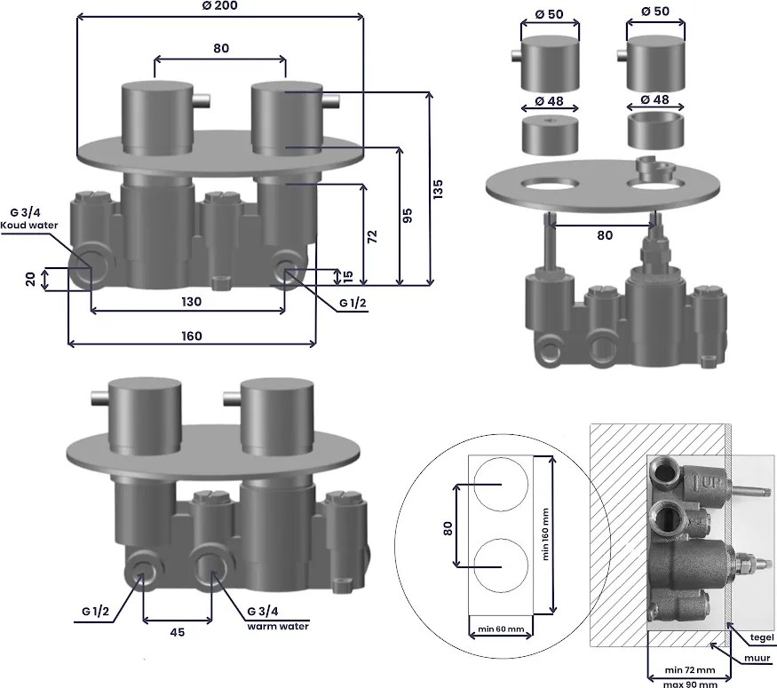 Saniclear Cube Curved inbouw regendouche rond met inbouw douchekop 30x30cm, glijstang en 2 standen handdouche zwart mat