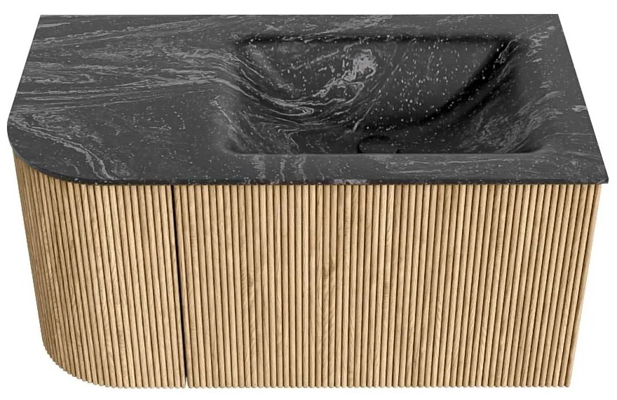 Mondiaz Kurve-dlux 85cm badmeubel ronding links oak met 1 lade en deur en wastafel cloud kraangat rechts lava