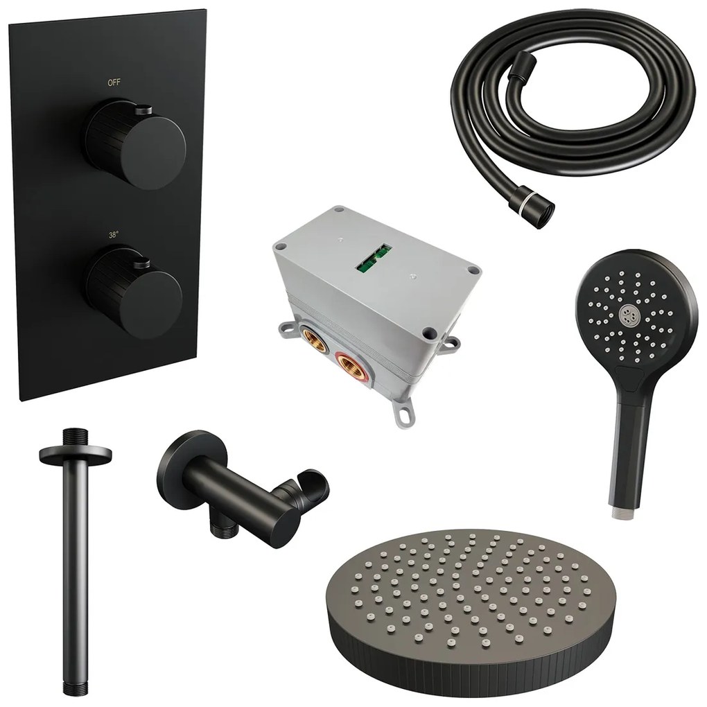 Brauer Stripe inbouw regendouche met 25cm hoofddouche, plafondarm en 3 standen handdouche set 18 zwart mat