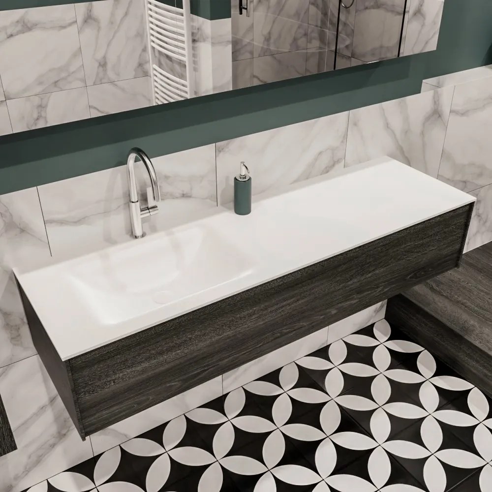 Lush onderkast 150cm in kleur ANTRACITE met 1 lade Push tot open geschikt voor linkse wastafel. Compleet met solid surface wastafel cloud M35217met 1 kraangat(en)