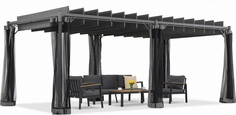 Antraciet Malaga terraspergola 3x6m met muggengaas Garden Point