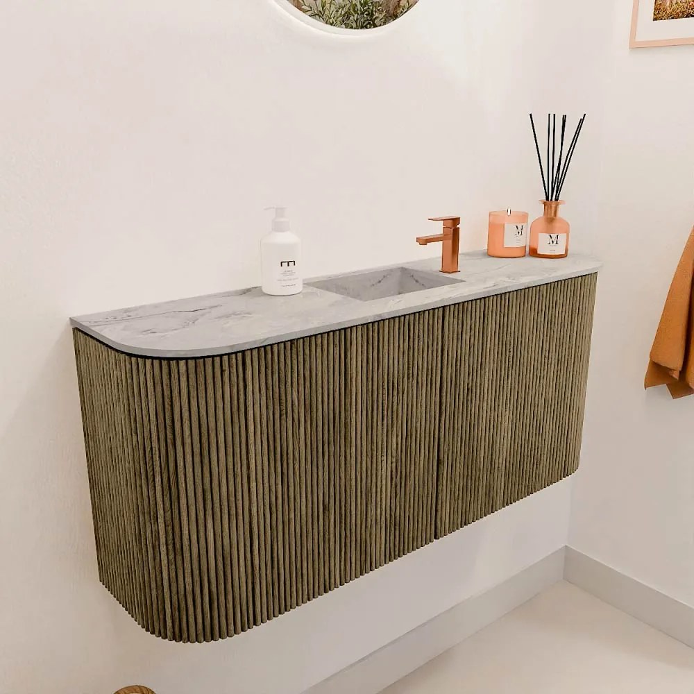 Mondiaz Joya DLux 95cm toiletmeubel ronding links/rechts dusk met wastafel faye midden 1 kraangat glace