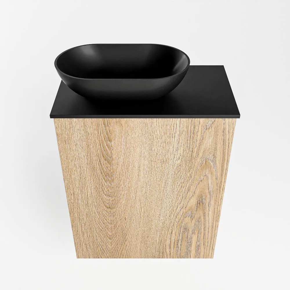 Mondiaz Fowy toiletmeubel 40cm washed oak met zwarte waskom links en kraangat