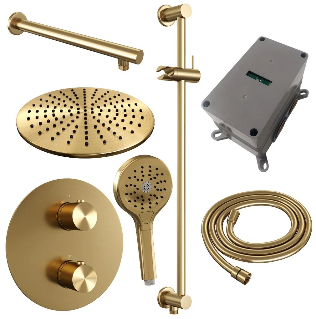 Brauer Gold Edition thermostatische inbouw regendouche met 3 standen handdouche, rechte muurarm, glijstang en hoofddouche 30cm set 92 messing geborsteld PVD