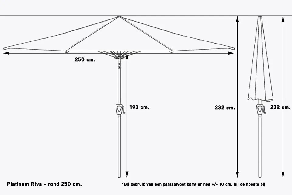 Platinum Riva stokparasol 2,5 m. rond - Olive met voet en hoes