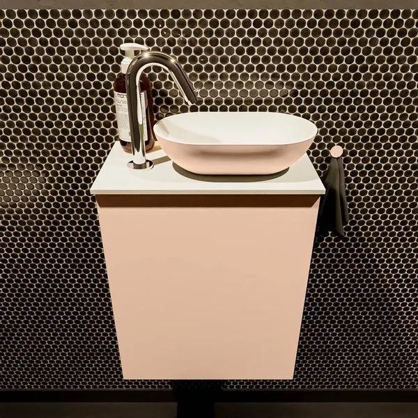 Mondiaz Fowy toiletmeubel 40x50x23cm rosee mat 1 kraangat wasbak: rechts 1 deur solid surface met blad MDF kleur wasbak: Roze / Wit FOWY59002roseerosee