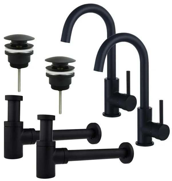 Fortifura Calvi Wastafelkraanset - voor dubbele wastafel - hoge wastafelkraan - draaibare uitloop - klikwaste plug - verlaagde design sifon - Mat zwart 2x SW809347/2x SW696199/2x SW696215