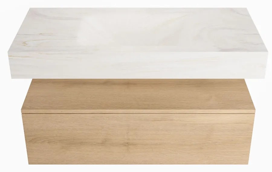 Mondiaz Alan DLux badmeubel 100cm washed oak 1 lade met wastafel ostra midden zonder kraangat