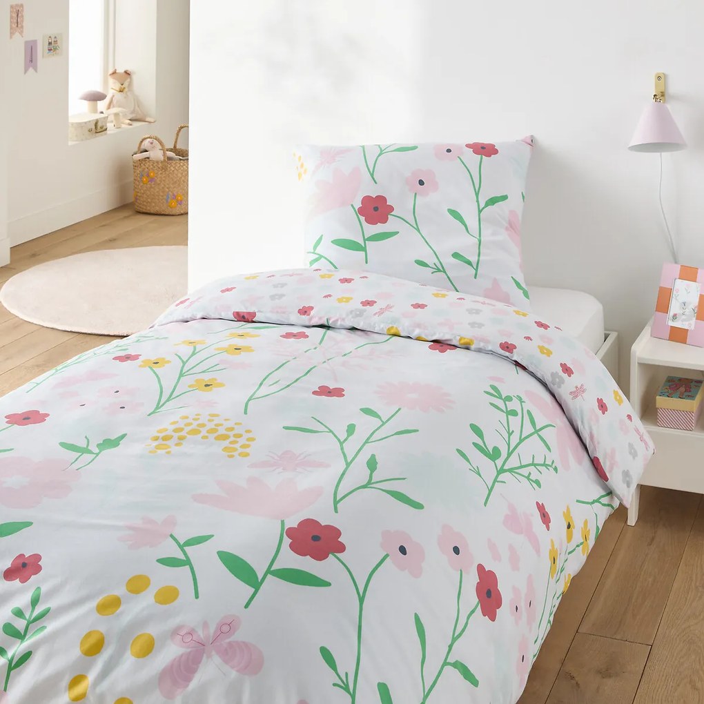 Katoenen bedset voor kinderen, vierkante kussensloop, Fleurs