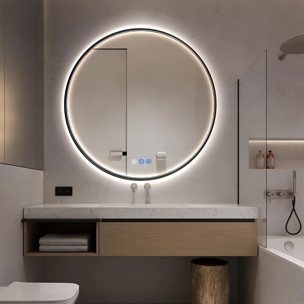Saniclear Circle Black ronde spiegel met verwarming, direct en indirect licht mat zwart 90cm