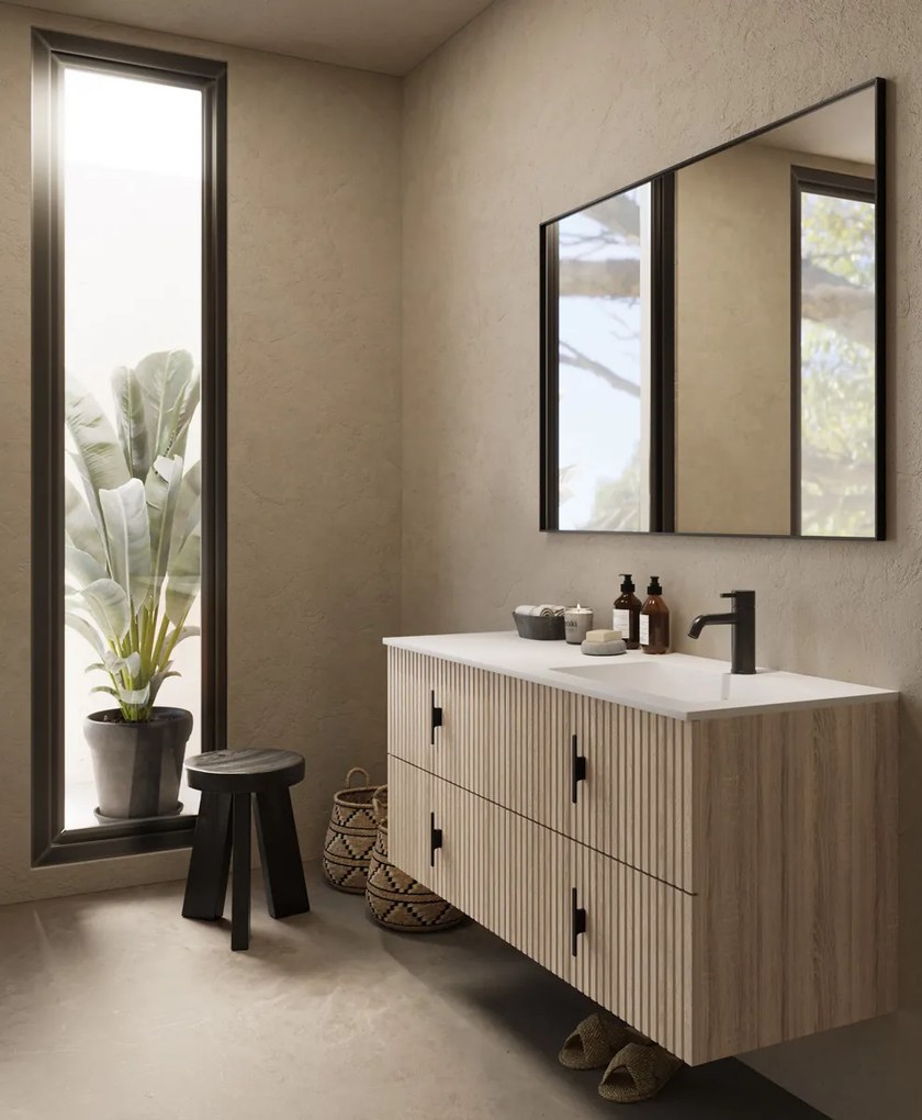 Muebles Avila badmeubel ribbelfront 120cm naturel eiken met wastafel rechts met kraangat
