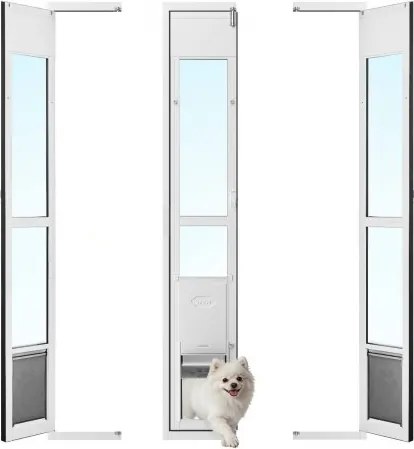 VEVOR hondenluik voor glazen schuifdeuren, in hoogte verstelbaar van 1927 tot 2049 mm, frame van aluminiumlegering met klep, afsluitbaar, voor middelgrote honden, 180° draaibaar hondenluik