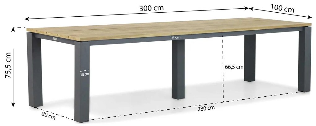 Dining Tuintafel   300 x 100 cm Aluminium/teak Old teak greywash  Riviera