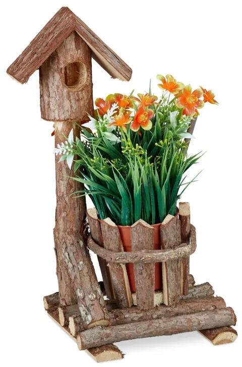 Bloempot hout - met vogelhuis - houten sierpot - plantenpot - binnenpot - boom
