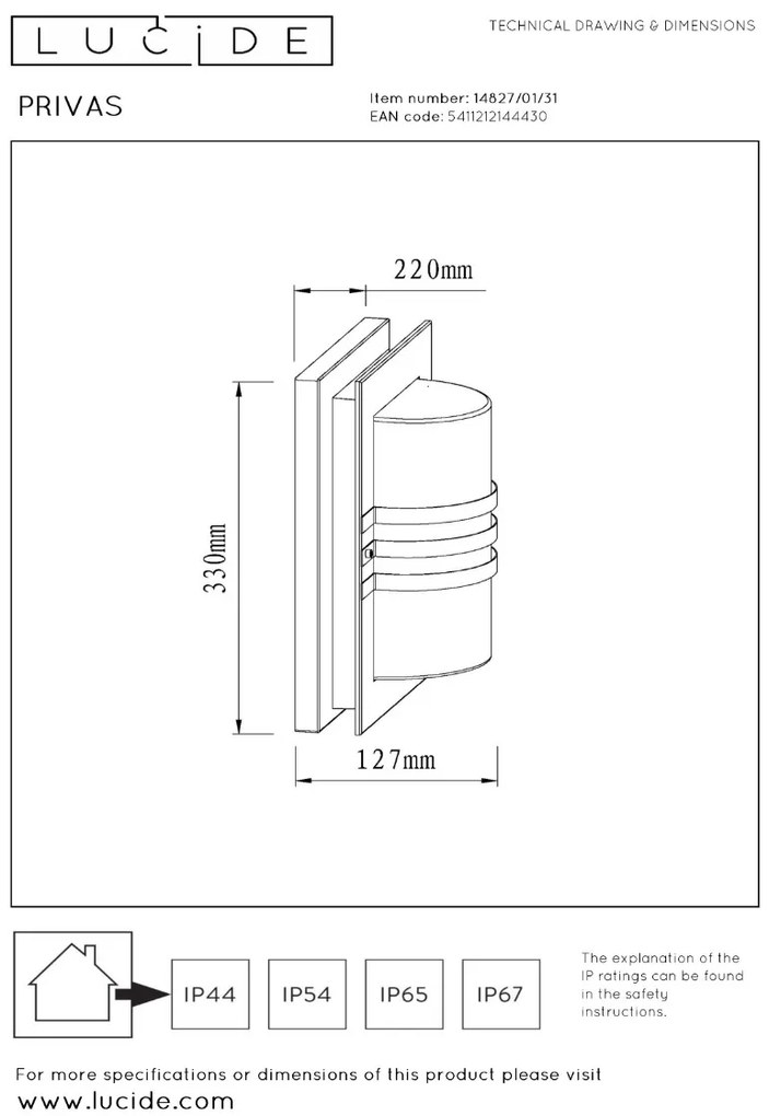 Lucide Privas wandlamp 60W 33x22cm wit