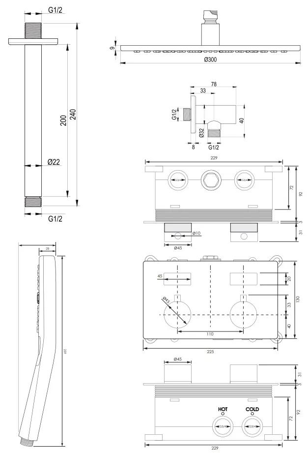 Brauer Gunmetal Edition thermostatische inbouw regendouche met 3 standen handdouche, plafondarm en hoofddouche 30cm set 60 gunmetal geborsteld PVD