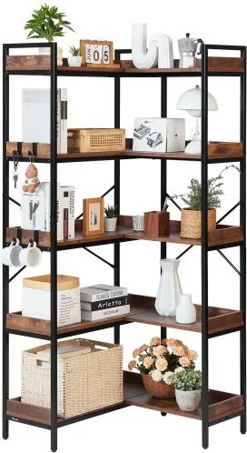 VEVOR 5-laags hoekschap, hoge hoekstandaard met 4 haken, displayplank, opbergrek met metalen frame en houten planken, staande plank, tentoonstellingsboekenplank voor slaapkamer, woonkamer, kantoor, bruin