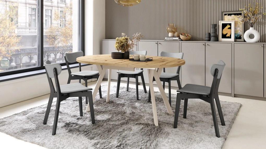 ALMO Eiken Artisan/Beige poten - RONDE LOFT/INDUSTRIËLE TAFEL VOOR WOONKAMER/EETKAMER, UITSCHUIFBAAR