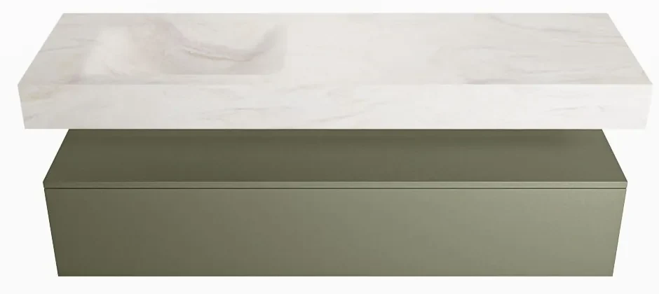 Mondiaz Alan DLux badmeubel 150cm army 1 lade met wastafel ostra links 1 kraangat