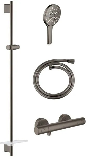 GROHE Grohtherm 1000 Smartactive Glijstangset - 90cm - met zeepschaal - thermostatische douchekraan - ronde handdouche - gladde slang - 125cm - geborsteld hard graphite sw98744/sw98821/sw472324/sw472379/