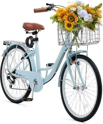 VEVOR Cruiserfiets met 7 versnellingen (banddiameter 660,4 mm) Strandfiets met grote mand en bagagedrager, Cruiserfiets met verstelbare zitting, voor fietsen, sporten en winkelen Blauw