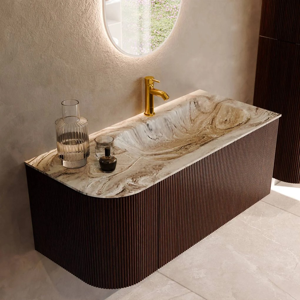 Mondiaz Kurve-dlux 105cm badmeubel ronding links ruby met 1 lade en deur en wastafel big small kraangat rechts glace