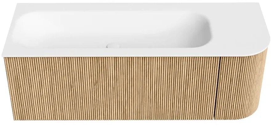 Mondiaz Kurve 125cm badmeubel ronding rechts oak met 1 lade en deur en wastafel big medium kraangat links