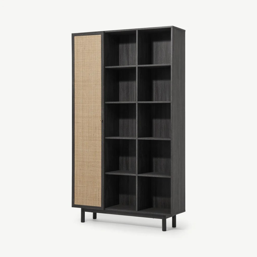 Pavia brede boekenkast, rotan en zwart houteffect