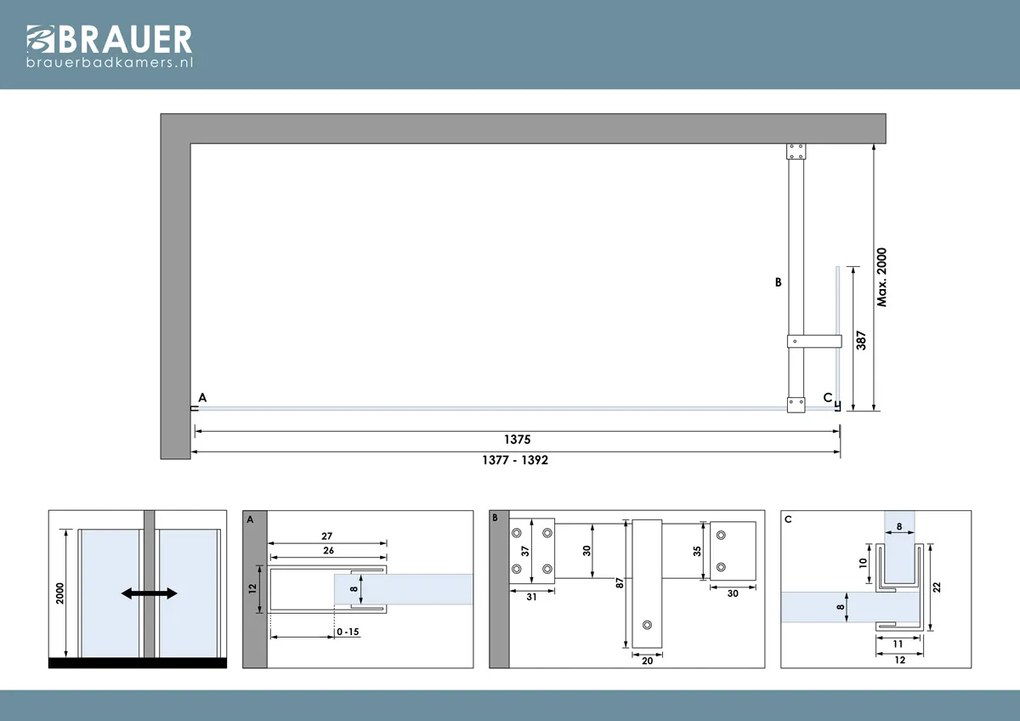 Brauer Oblivion inloopdouche helder glas 140cm met 40cm zijwand RVS geborsteld PVD