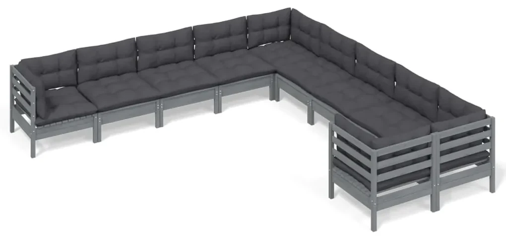 vidaXL 10-delige Loungeset met kussens grenenhout grijs