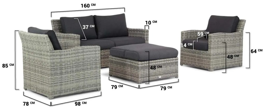 Stoel en Bank Loungeset 4 personen Wicker Grijs  Garden Collections Giardino