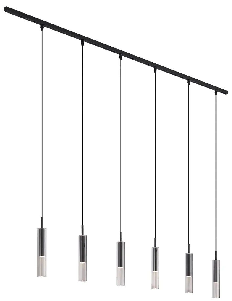 Modern railsysteem zwart met 6 hanglampen zwart met smoke glas 1-fase - Slimline Loyce