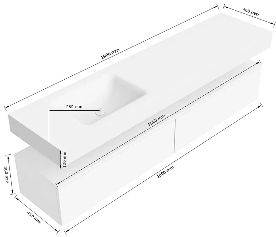Zaro Alan badmeubel 190cm talc 2 lades met vrijhangende wastafel cloud links 1 kraangat talc