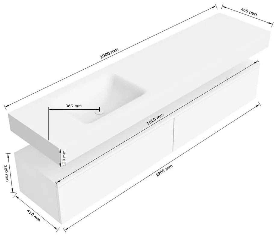 Zaro Alan badmeubel 190cm talc 2 lades met vrijhangende wastafel cloud links 1 kraangat urban