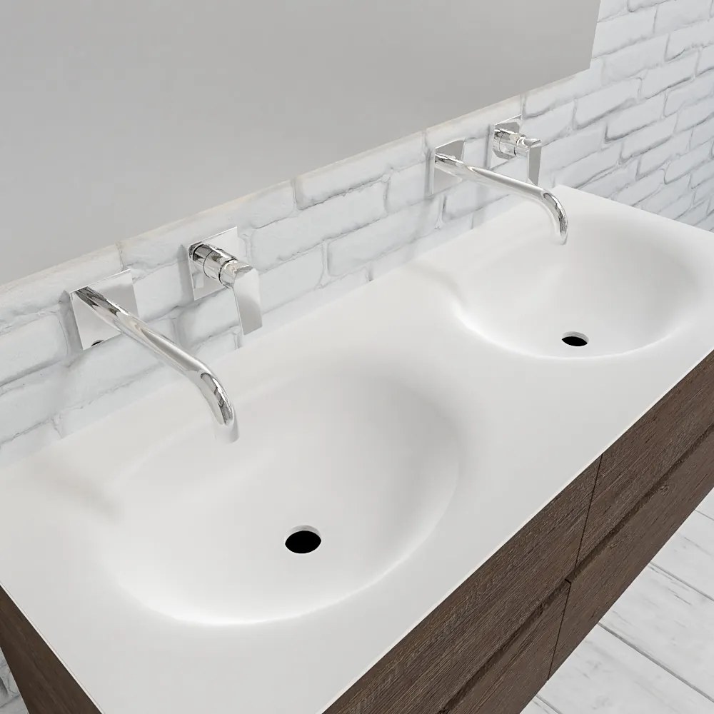 Zaro Sevilla Solid Surface badmeubel 120cm donker eiken zonder kraangat dubbele spoelbak met 4 lades